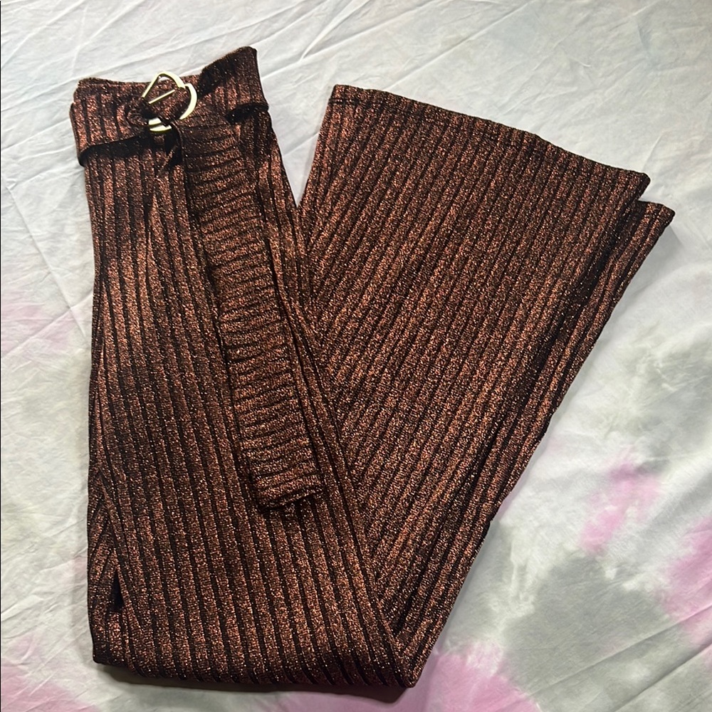 Zara Shimmering Brown Ribbed Flare Pants